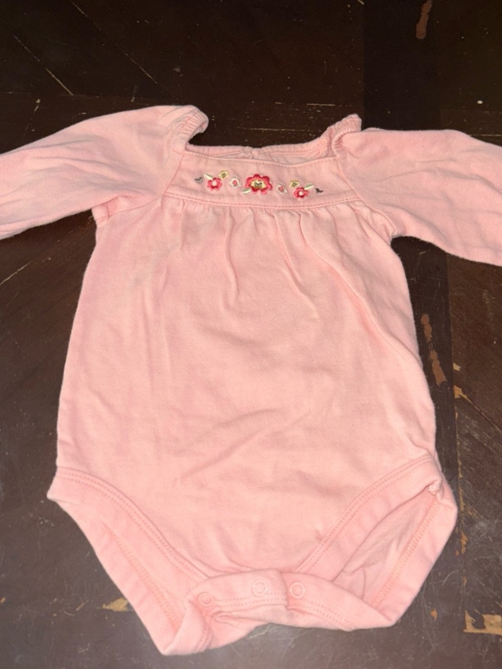 Pink Floral Embroidered Long-Sleeve Baby One-Piece